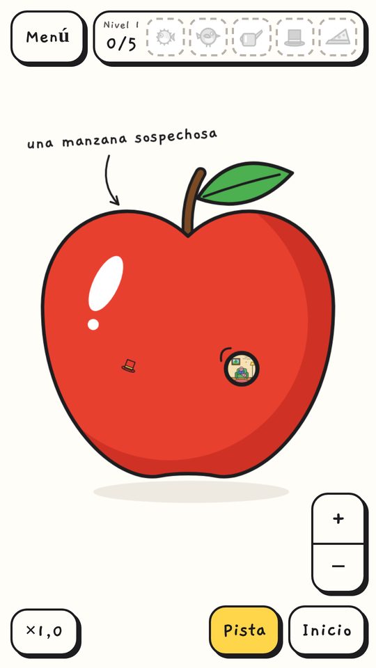 La manzana sobre una hoja, con la lista de cosas para buscar